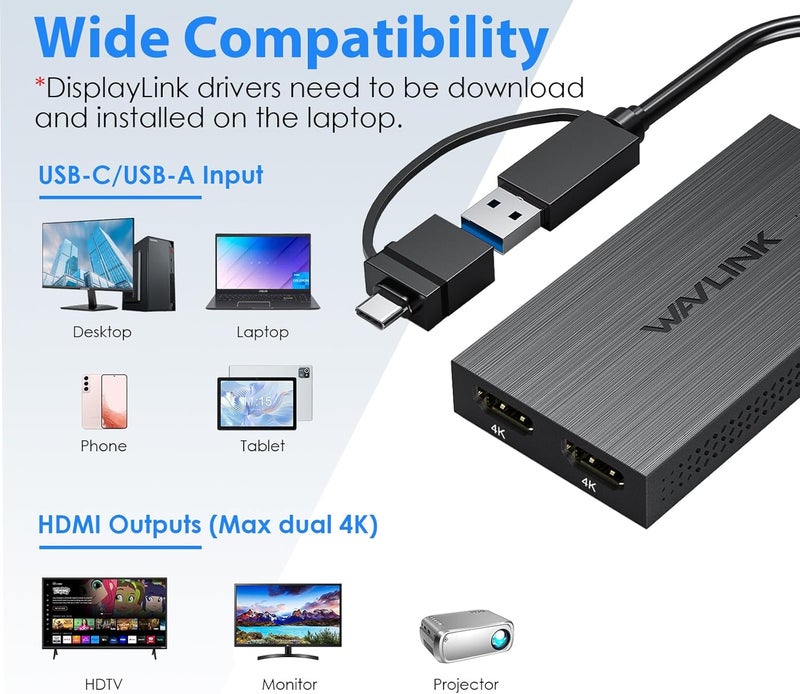 WAVLINK USB 3.0 & USB C to Dual HDMI Adapter 4K@60Hz for 2 Monitors, DisplayLink USB C HDMI Adapter for Dual Monitor, for Mac M1/M2/M3, Windows, ChromeOS, Ubuntu, Android - Image 4